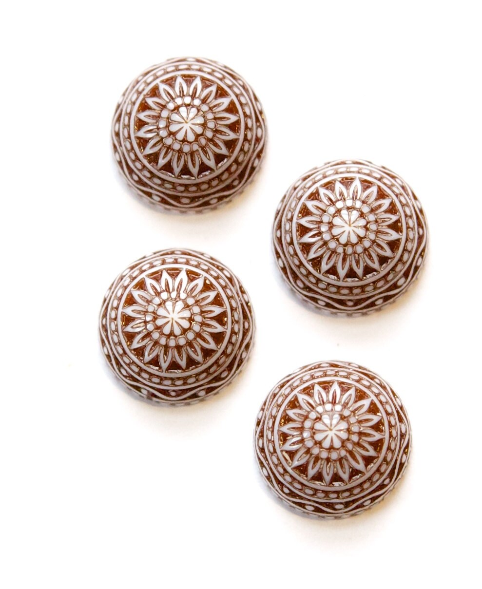 Vintage Etched Mosaic Brown and White Cabochons 14mm cab713C