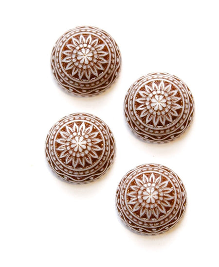 Vintage Etched Mosaic Brown and White Cabochons 14mm cab713C