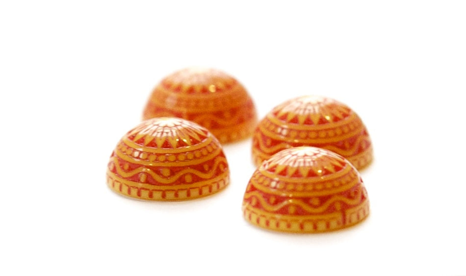 Vintage Etched Mosaic Red Orange and Yellow Cabochons 14mm cab713E
