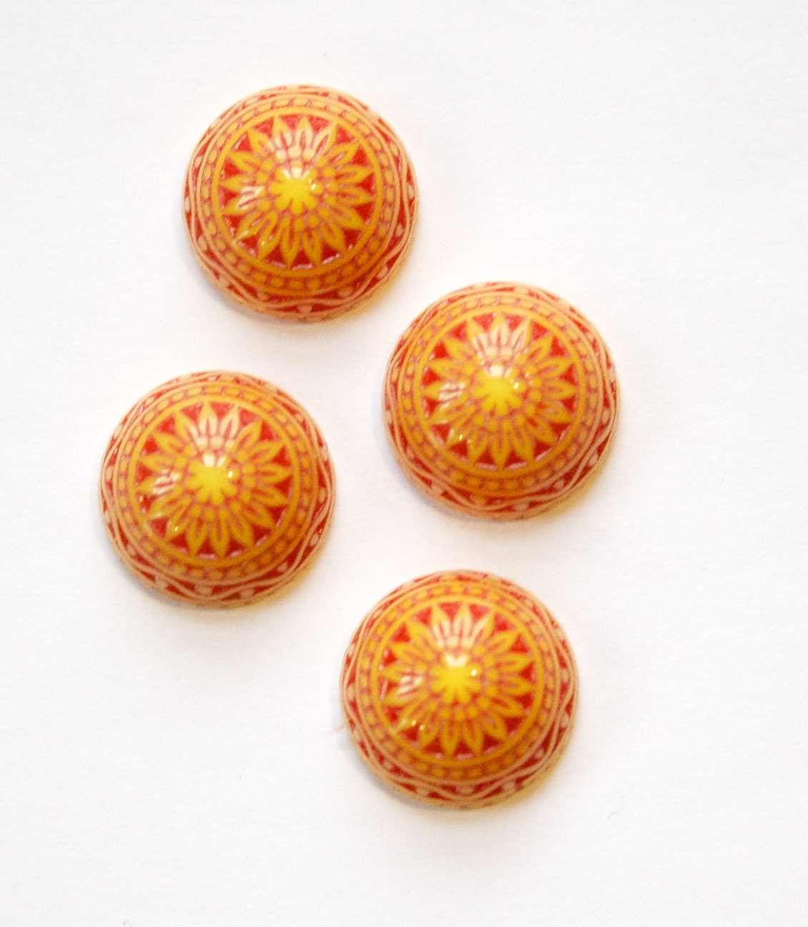 Vintage Etched Mosaic Red Orange and Yellow Cabochons 14mm cab713E