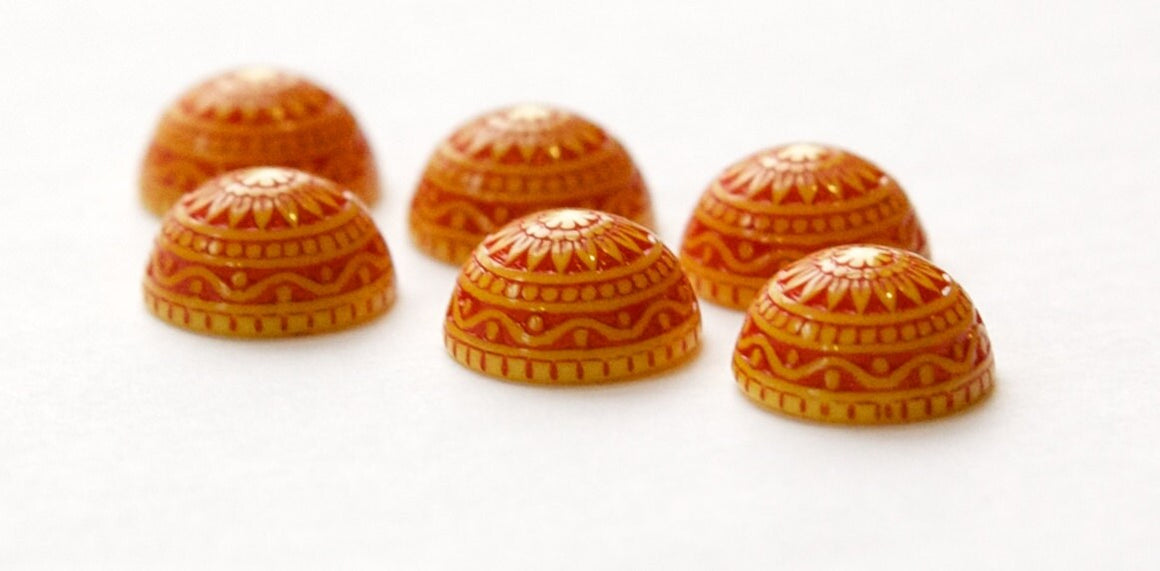 Vintage Etched Mosaic Red Orange and Yellow Cabochons 12mm cab827A