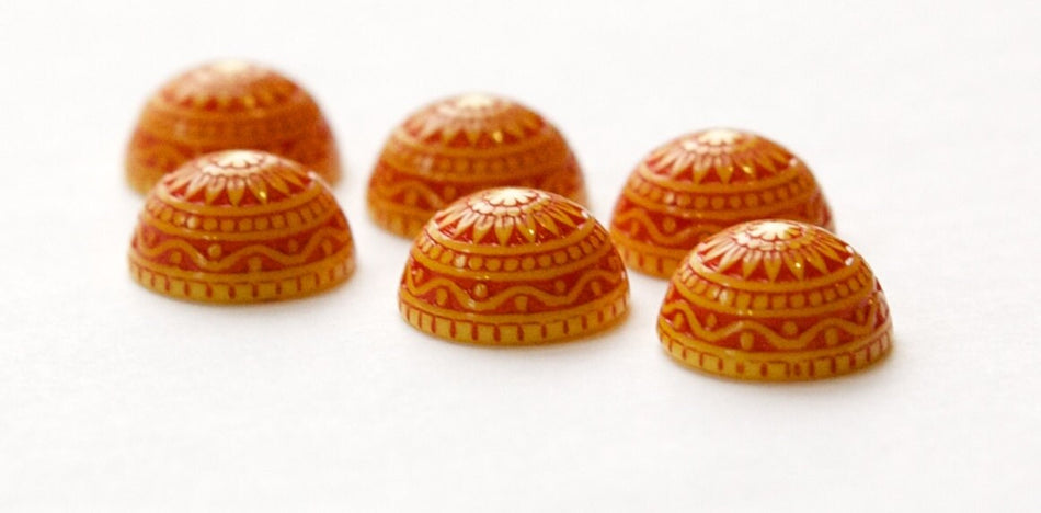 Vintage Etched Mosaic Red Orange and Yellow Cabochons 12mm cab827A