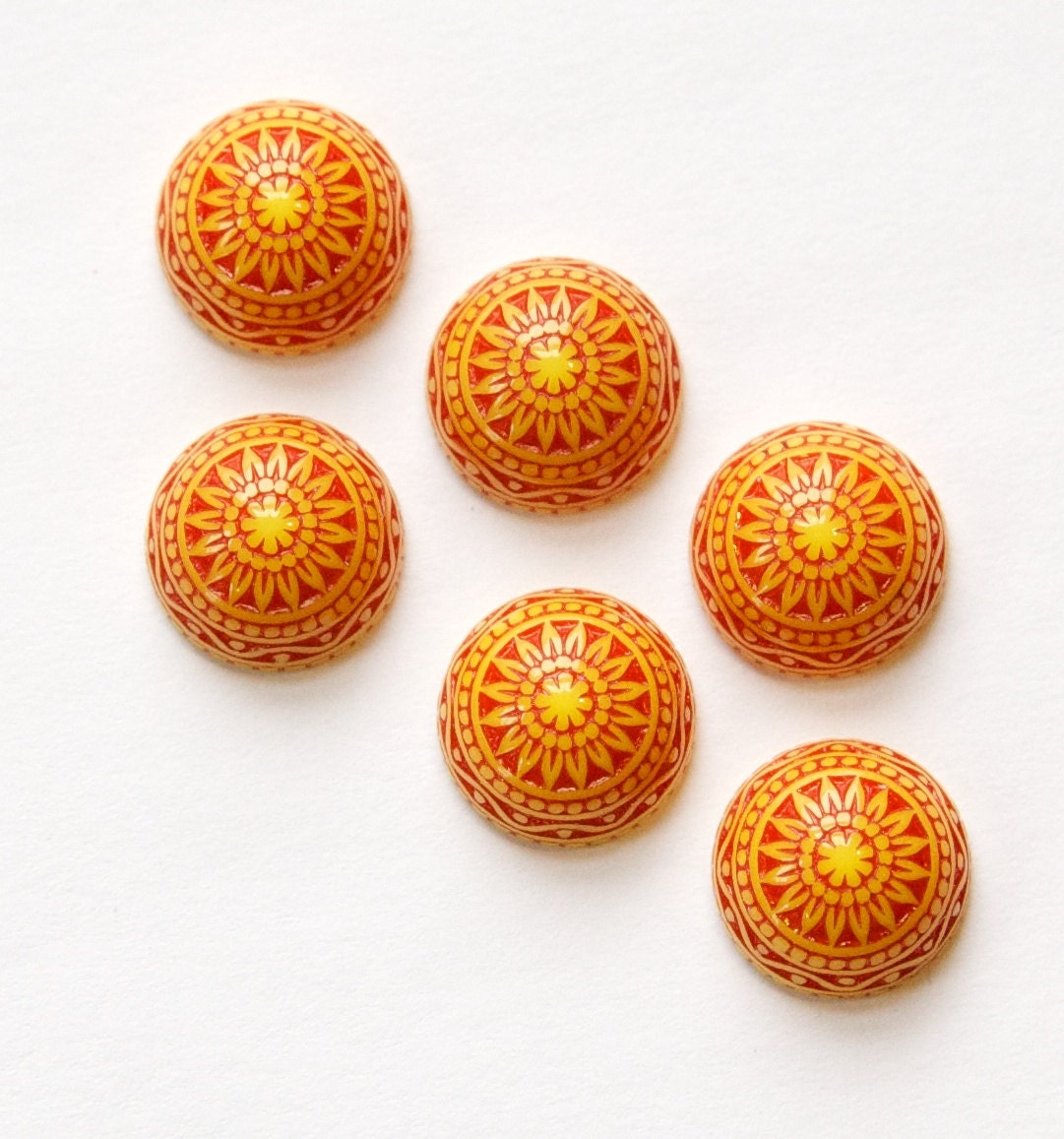 Vintage Etched Mosaic Red Orange and Yellow Cabochons 12mm cab827A