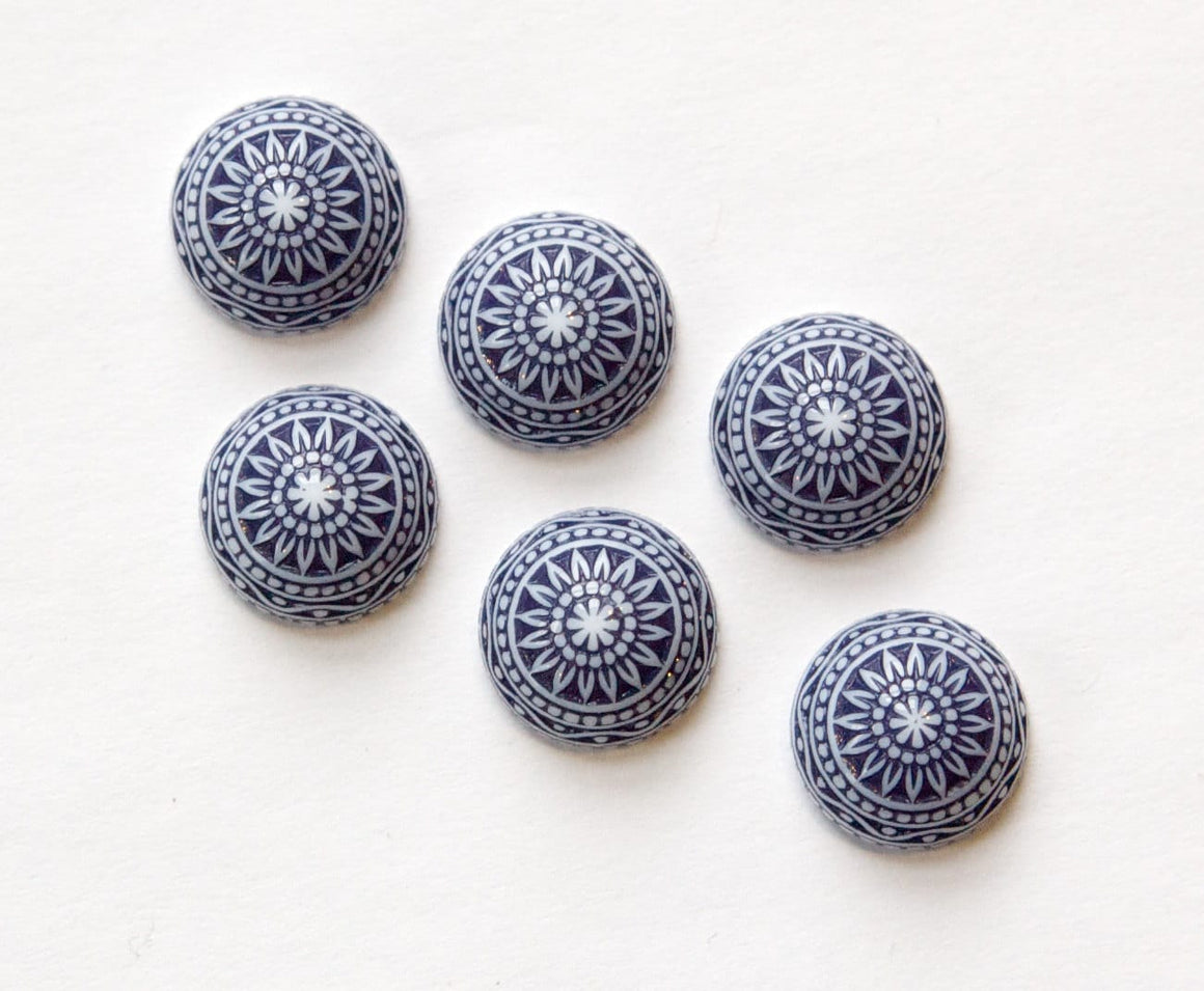 Vintage Etched Mosaic Navy Blue and White Cabochons 12mm cab827B