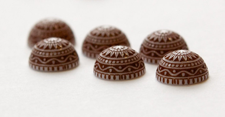 Vintage Etched Mosaic Brown and White Cabochons 12mm cab827C