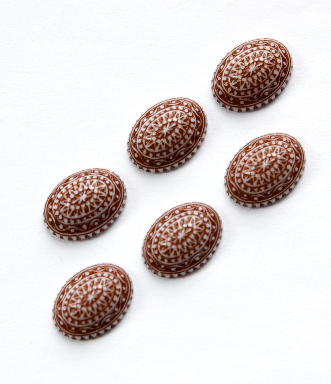 Vintage Acrylic Mosaic Brown and White Cabochons 14mm x 10mm cab711G