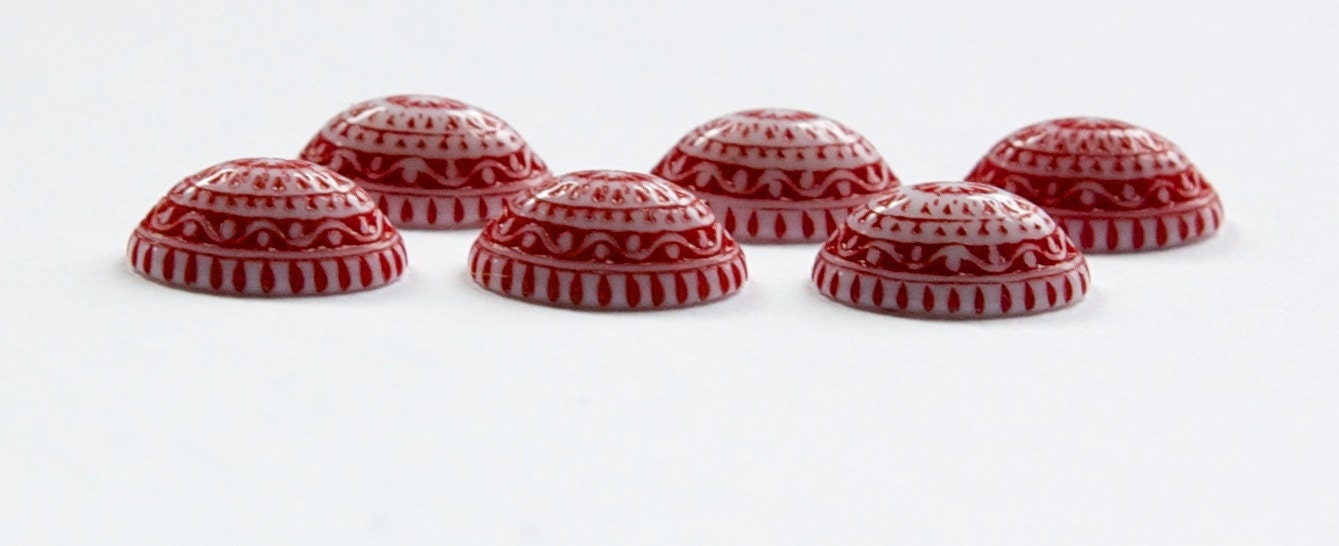 Vintage Acrylic Mosaic Red and White Cabochons 14mm x 10mm cab711J