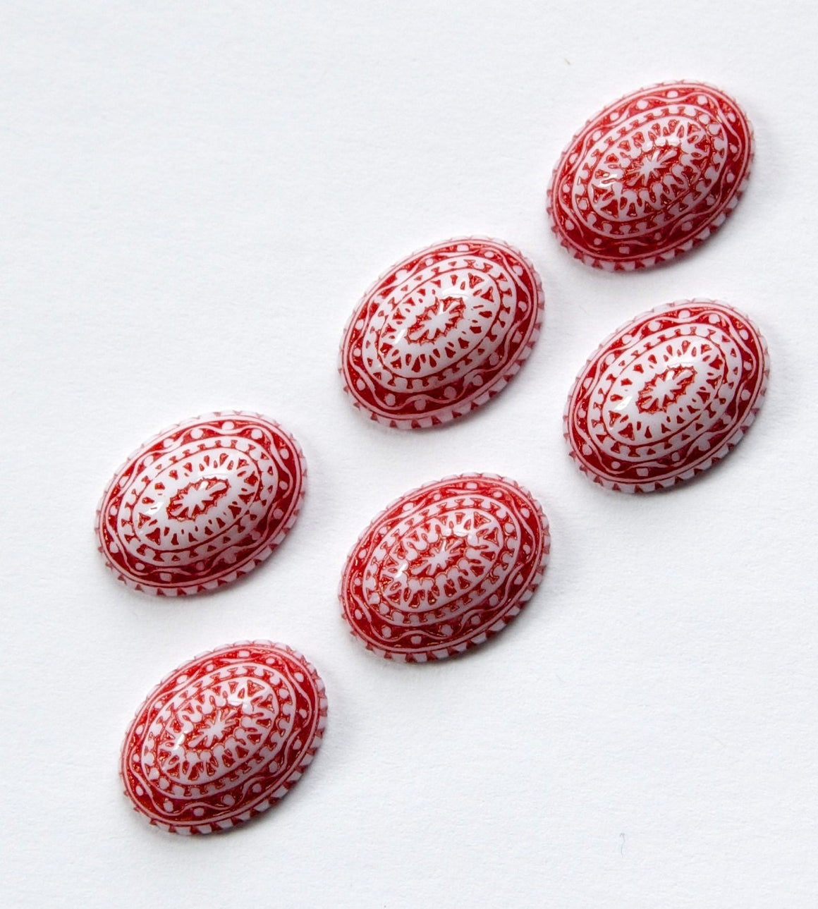 Vintage Acrylic Mosaic Red and White Cabochons 14mm x 10mm cab711J