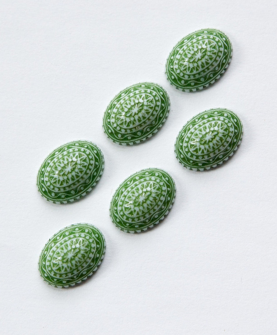 Vintage Acrylic Mosaic Green and White Cabochons 14mm x 10mm cab711K