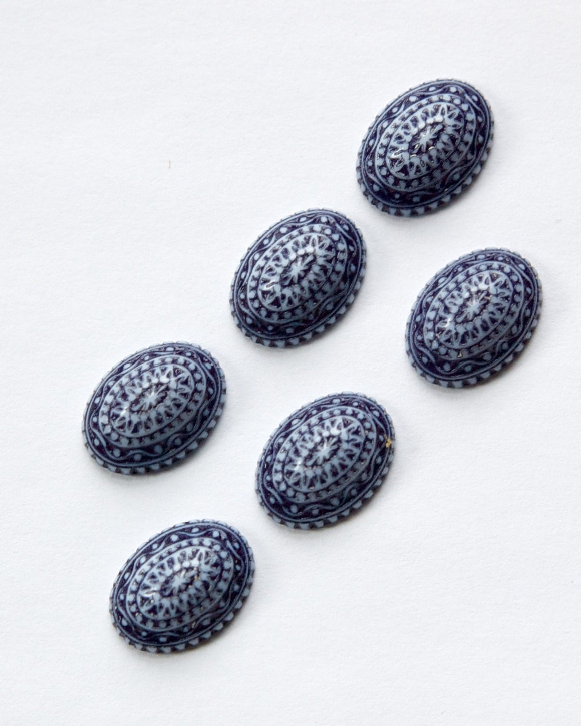 Vintage Acrylic Mosaic Blue and White Cabochons 14mm x 10mm cab711L