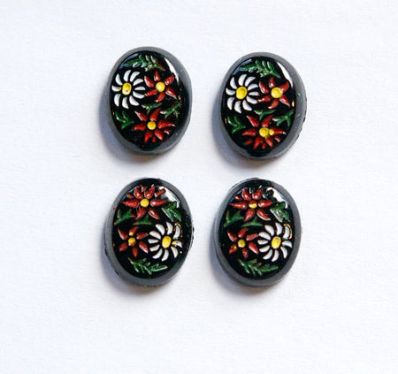 Vintage Black Glass Etched Flower Cabochon Japan 10X8mm (4) cab240A