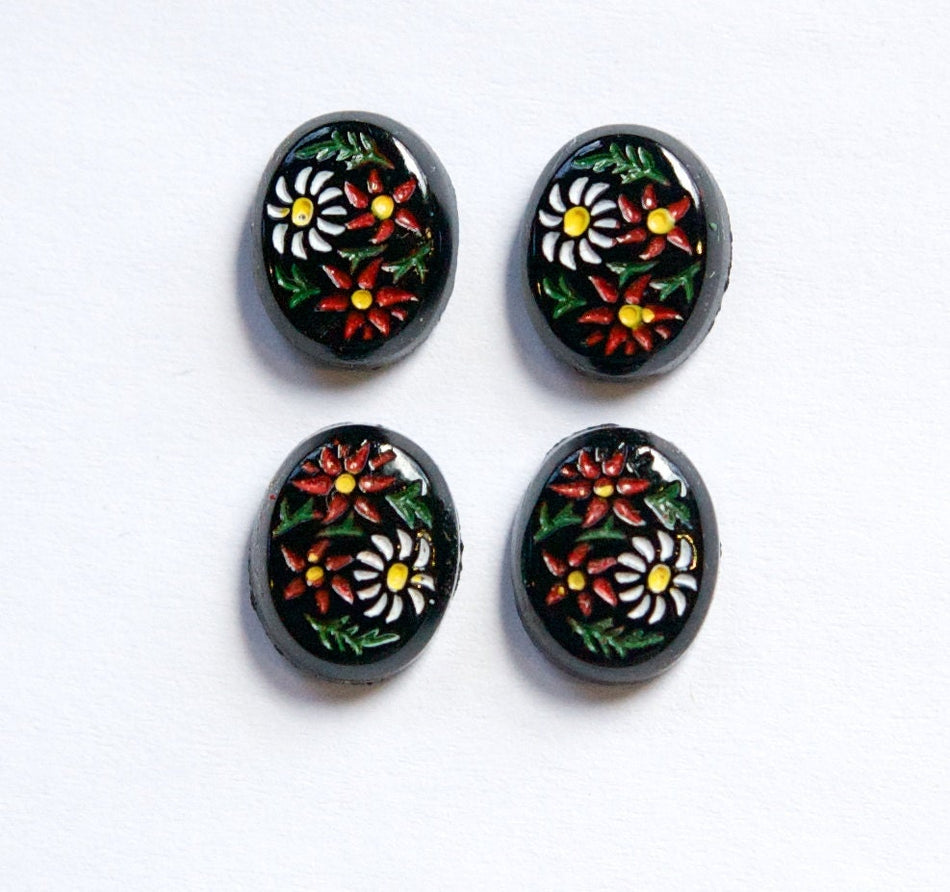Vintage Black Glass Etched Flower Cabochon Japan 10X8mm (4) cab240A