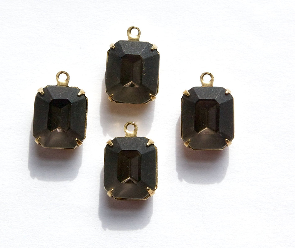 Vintage Faceted Matte Clear Smokey Grey 1 Loop Brass Setting 12x10mm oct005P