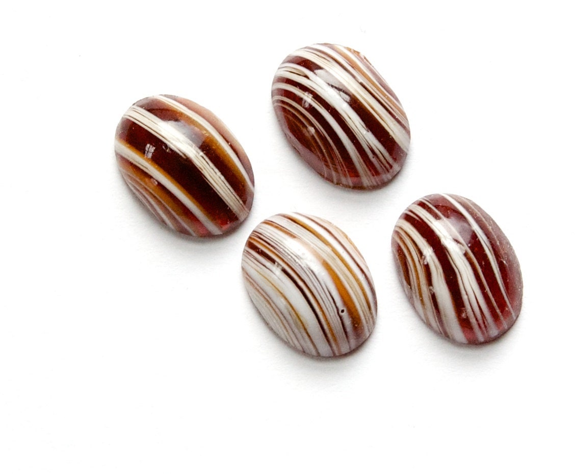 Vintage Translucent Brown and White Stripe Glass Cabochon 14x10mm cab242A