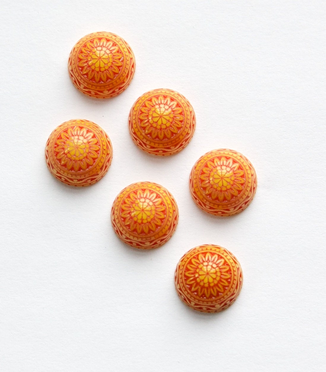 Vintage Acrylic Etched Mosaic Yellow Reddish Orange Cabochons 10mm (6) cab712C
