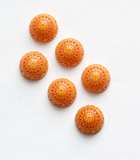 Vintage Acrylic Etched Mosaic Yellow Reddish Orange Cabochons 10mm (6) cab712C