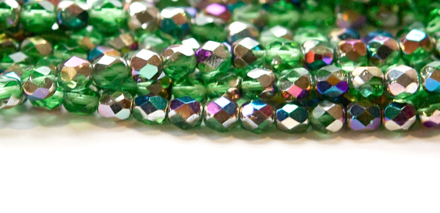 6mm Green with Vitrail Finish Czech Firepolish Faceted Glass Beads (30) czh014