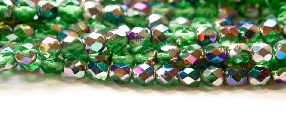 6mm Green with Vitrail Finish Czech Firepolish Faceted Glass Beads (30) czh014