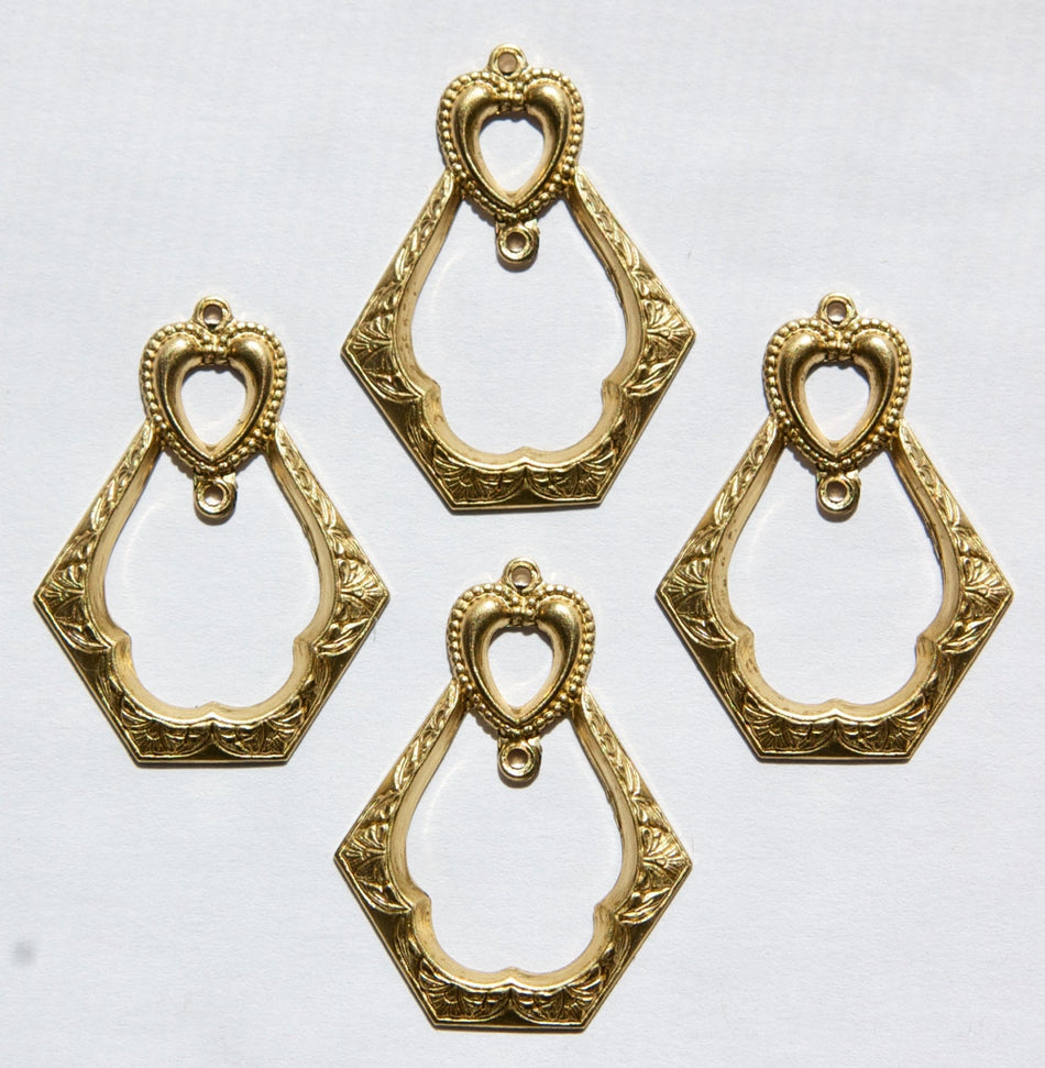 2 Hole Raw Brass Heart Nouveau Open Pendant 34x26 (4) Findings mtl081
