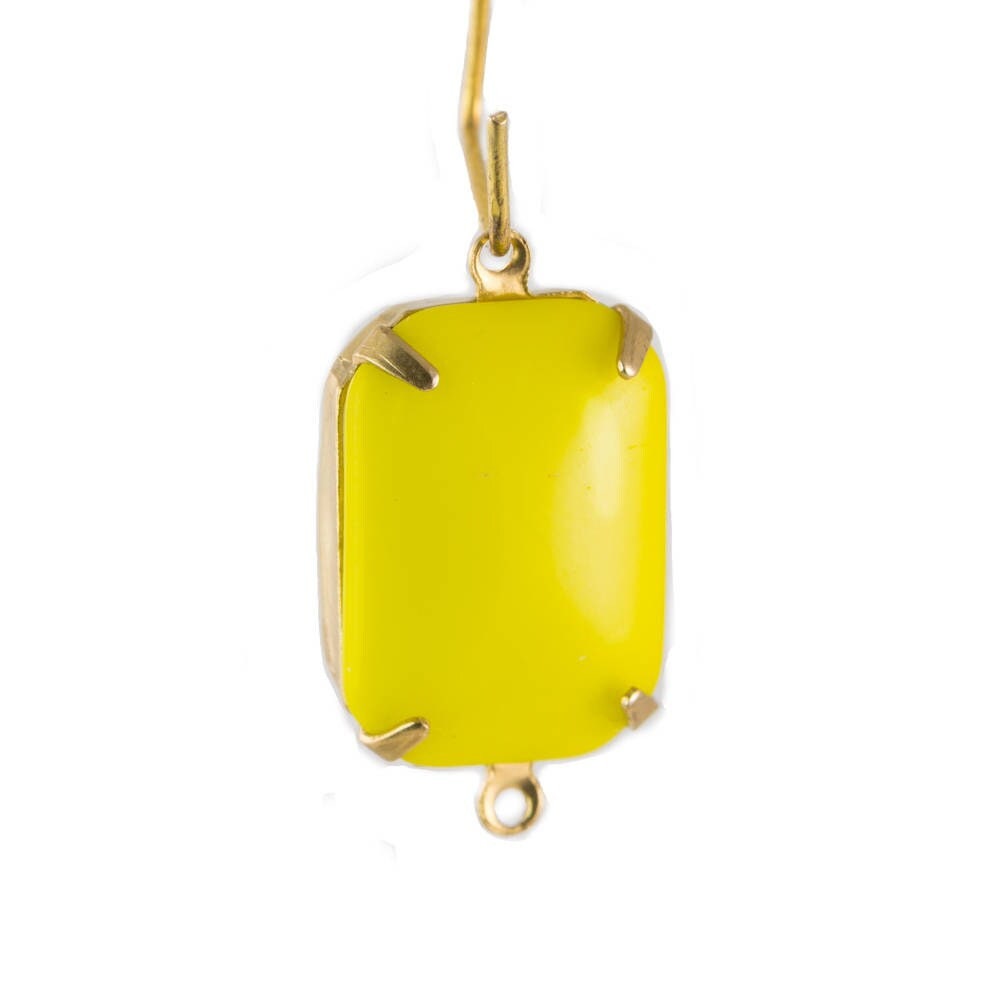 Vintage Opaque Yellow Glass Rectangle Drops 2 Loop Brass Setting 18X13mm (2)