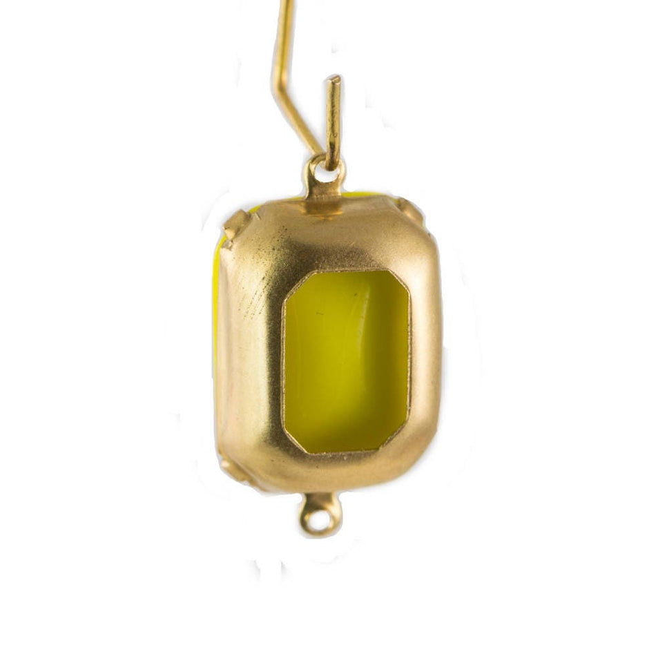 Vintage Opaque Yellow Glass Rectangle Drops 2 Loop Brass Setting 18X13mm (2)