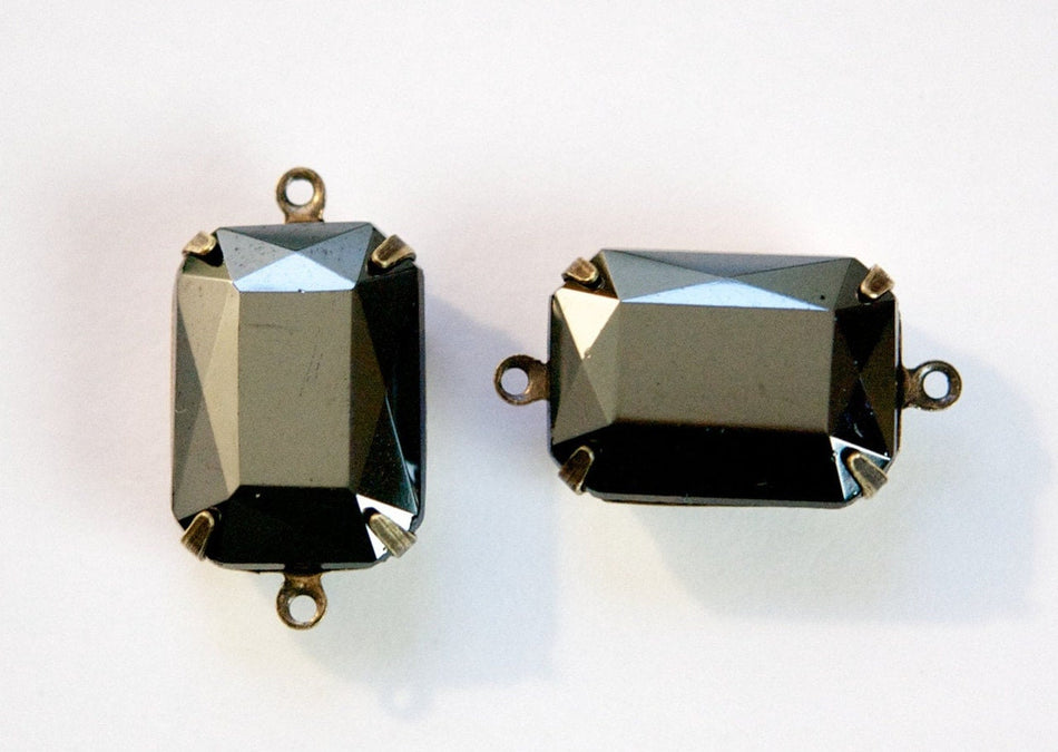Vintage Hematite Faceted Stones 2 Loop Brass Ox Settings 18x13mm