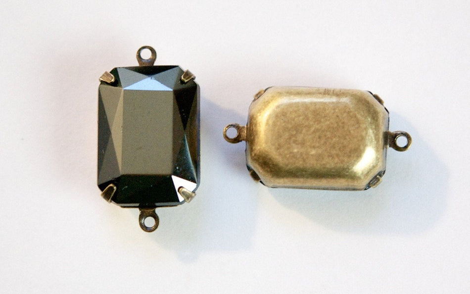 Vintage Hematite Faceted Stones 2 Loop Brass Ox Settings 18x13mm