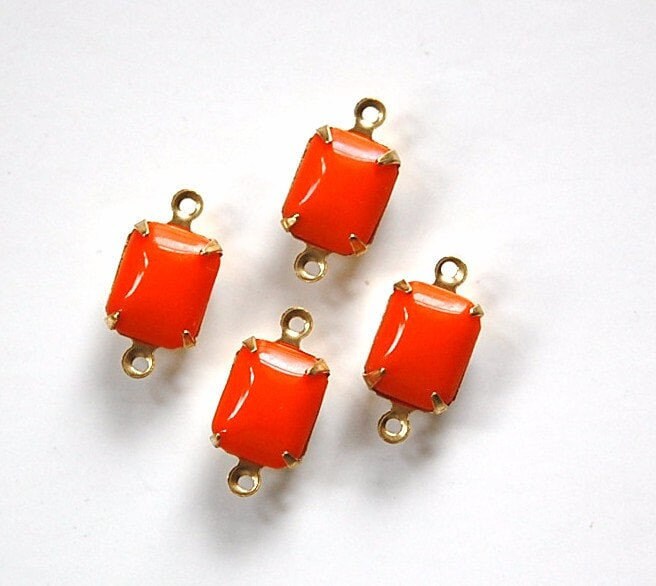 Vintage Opaque Orange Stones 2 Loop Brass Setting 10mm x 8mm