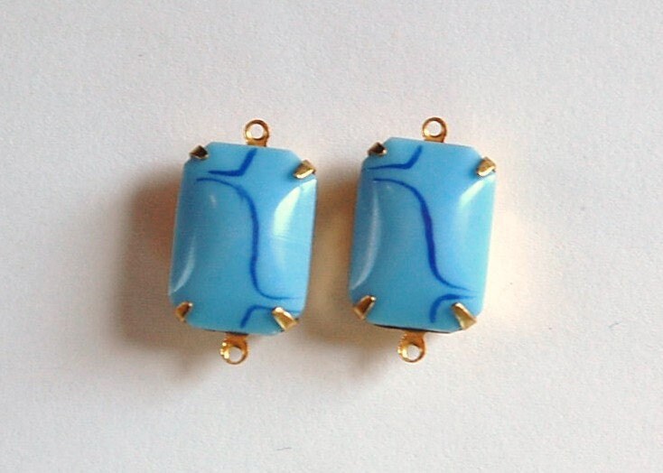 Vintage Blue with Navy Blue Design Glass Stones 2 Loop Brass Setting