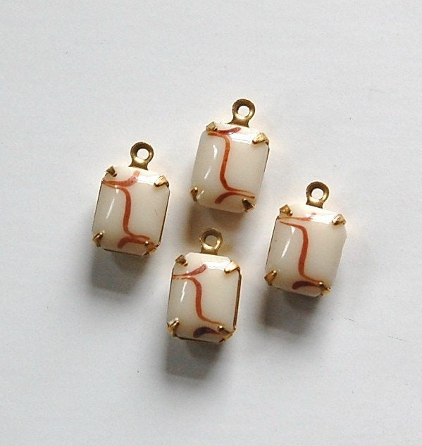 Vintage Opaque Beige Stones with Brown 1 Loop Brass Setting 10x8mm (4)