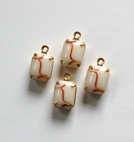 Vintage Opaque Beige Stones with Brown 1 Loop Brass Setting 10x8mm (4)