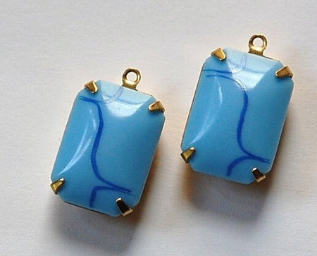 Vintage Blue with Navy Blue Design Glass Stones 1 Loop Brass Setting