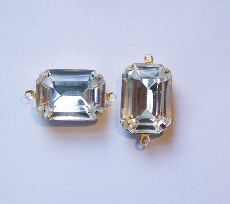 Vintage Crystal Clear Faceted Stones 2 Loop Brass Settings 18x13mm oct004D2