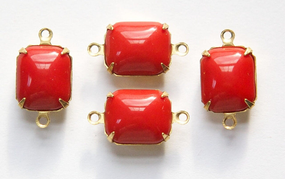 Vintage Opaque Red Stones in 2 Loop Brass Setting 12mm x 10mm oct005F2