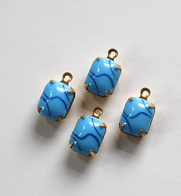 Vintage Opaque Light Blue Stones with Navy 1 Loop Brass Setting 10mm x 8mm