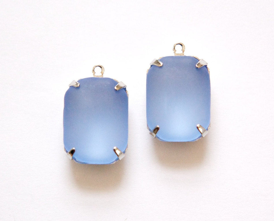 Vintage Matte Blue Glass Stones 1 Loop Silver Settings 18mm x 13mm
