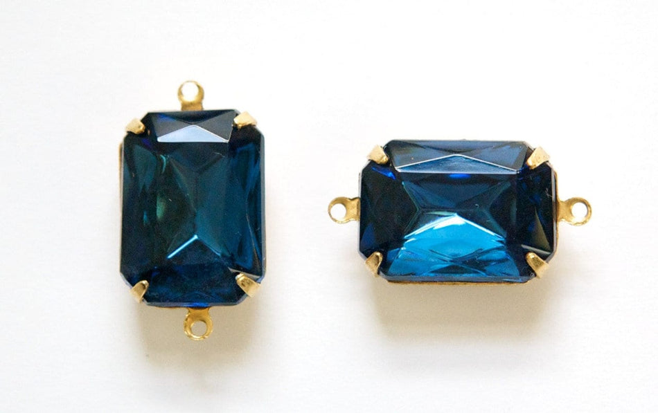 Vintage Montana Blue Faceted Stones 2 Loop Brass Settings 18x13mm