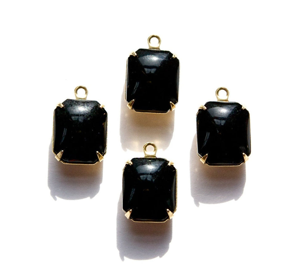 Vintage Black Glass Octagon Set Stones in 1 Loop Brass Setting 12x10mm (2) oct005Q