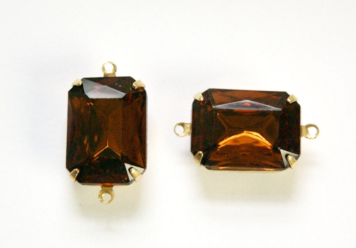 Vintage Smoke Topaz Faceted Stones 2 Loop Brass Settings 18x13mm oct004DD2