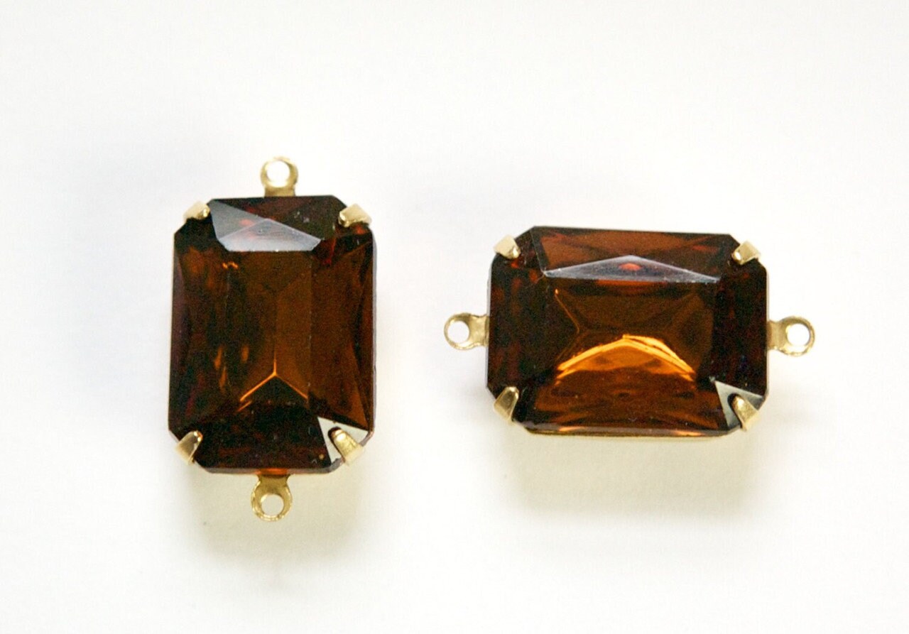 Vintage Smoke Topaz Faceted Stones 2 Loop Brass Settings 18x13mm oct004DD2
