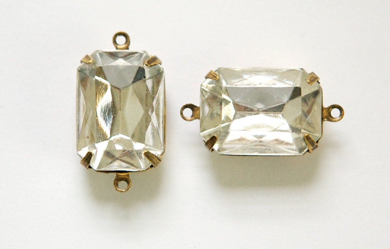 Vintage Crystal Clear Faceted Stones 2 Loop Brass Ox Settings 18x13mm (2)