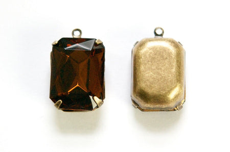 Vintage Smoke Topaz Faceted Stones 1 Loop Brass Ox Settings 18x13mm