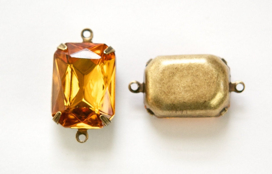 Vintage Topaz Faceted Stones 2 Loop Brass Ox Settings 18x13mm