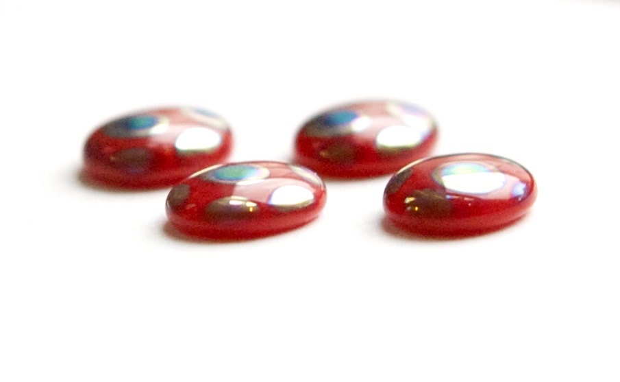 Vintage Red Glass Peacock Cabochons Germany 10X8mm cab792E