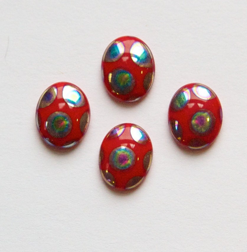 Vintage Red Glass Peacock Cabochons Germany 10X8mm cab792E