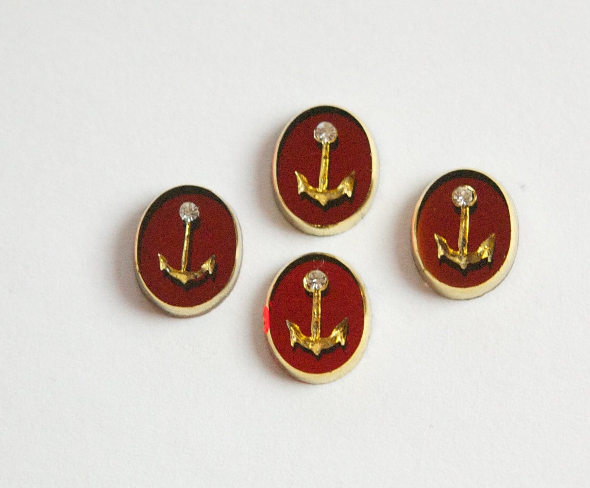 Vintage Red Glass Etched Gold Anchor Rhinestone Cabochon 10X8mm (4) cab467A