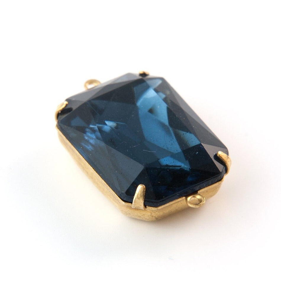 Vintage Montana Blue Faceted Glass 2 Loop Brass Setting 25x18mm