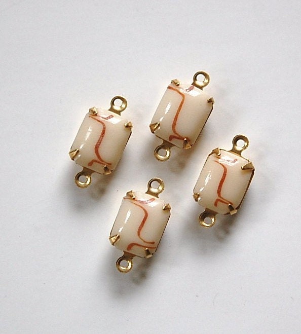 Vintage Opaque beige Stones with Brown 2 Loop Brass Setting 10x8mm (4)