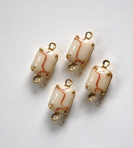 Vintage Opaque beige Stones with Brown 2 Loop Brass Setting 10x8mm (4)