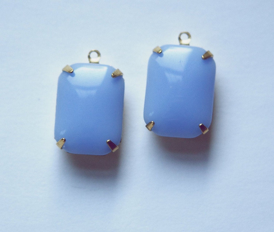 Vintage Periwinkle Blue Glass Rectangle Drops 1 Loop Brass Setting 18X13mm